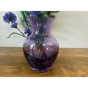 Vintage Heavy Cut Crystal Amethyst Vase Etched Floral Design Purple Art Glass